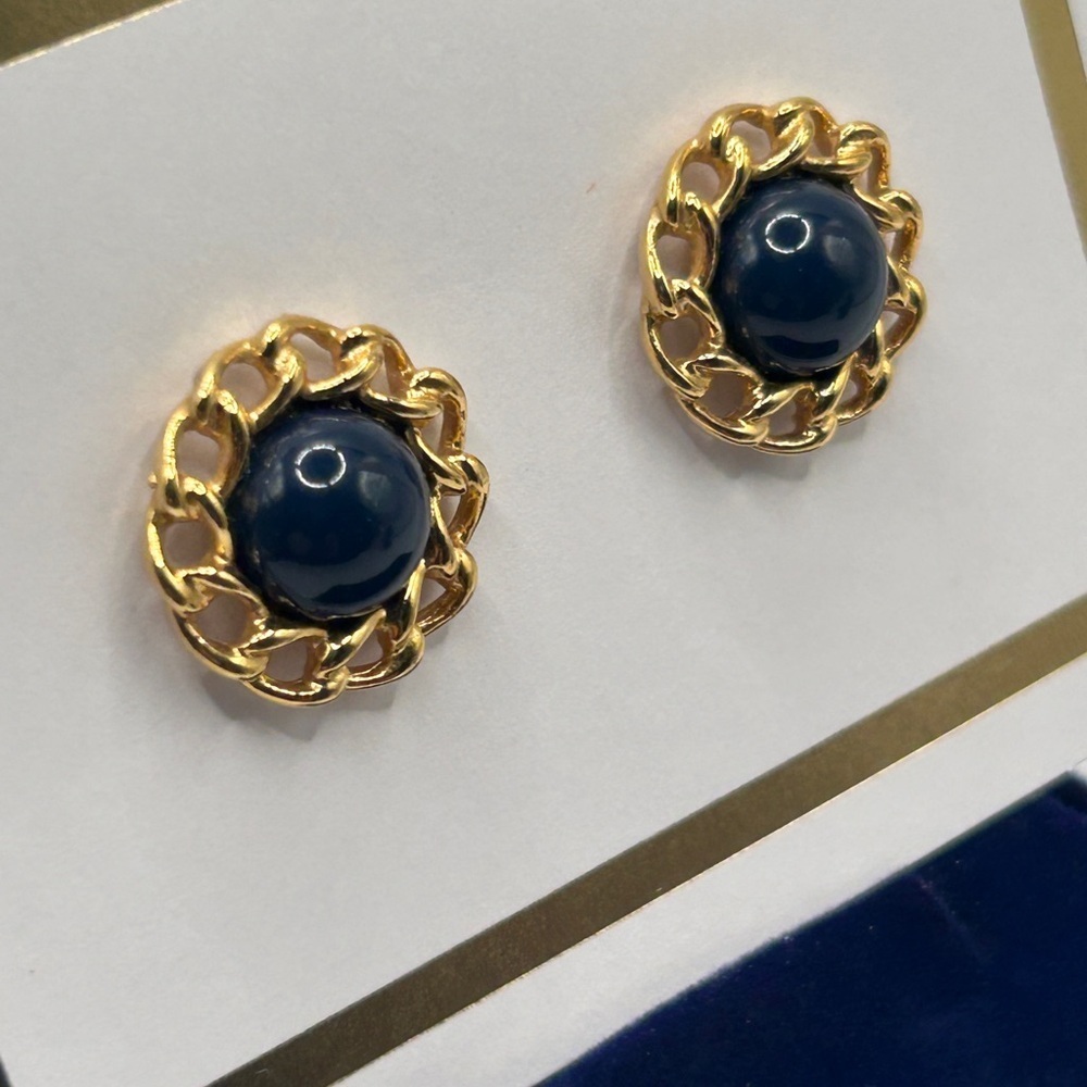Vintage Monet 14k Gold and Navy Blue Center Post Earrings​​